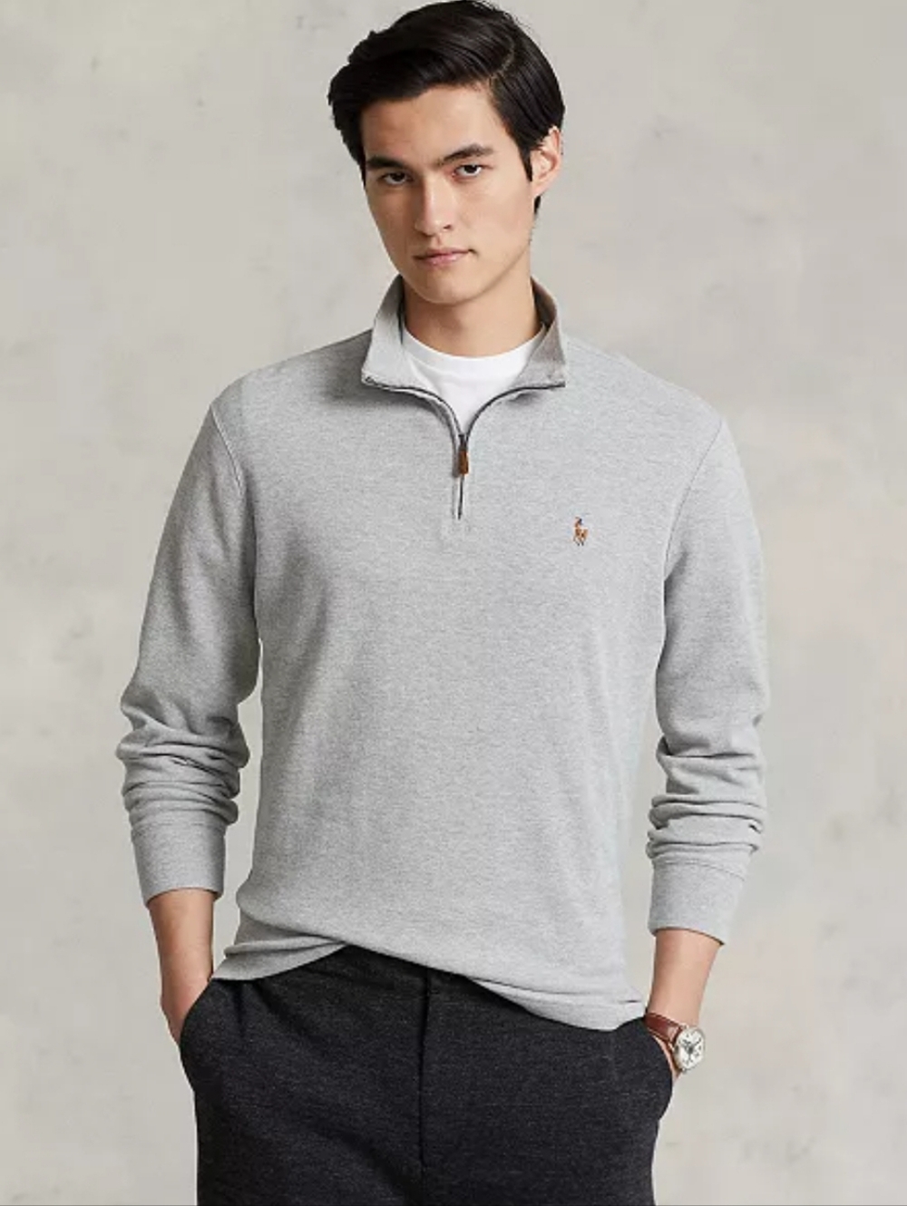 Polo by Ralph Lauren Light Gray Quarter‑Zip Estate Rib Pullover Shirt Men's M
